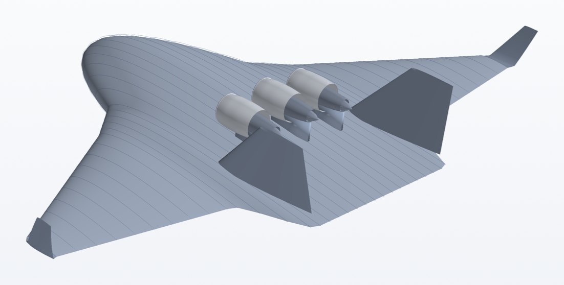 The blended wing body from behind: three high-bypass engines with short fan cowls, core cowls and plugs between the twin fins