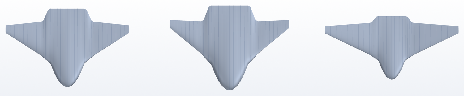 Three blended-wing-body variants seen from above, with different span, sweep and thickness