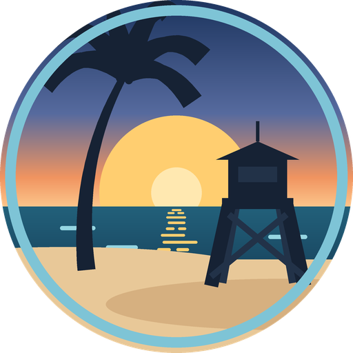 CaliToor logo: a palm and a lifeguard tower on a beach at dusk